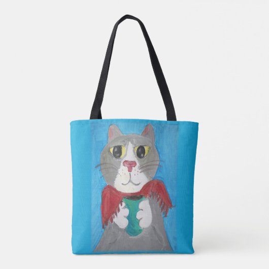 Cute Gray Coffee Cat Painting Folk Art Fun Tote Bag (Achterkant)