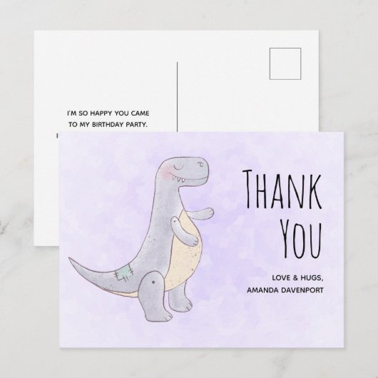 Cute Gray Dinosaur Speelgoed Waterverf Dank u Briefkaart (Voorkant / Achterkant)