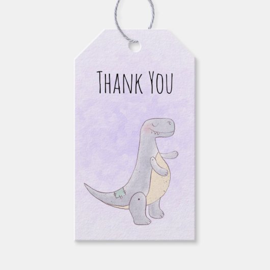 Cute Gray Dinosaur Speelgoed Waterverf Dank u Cadeaulabel (Voorkant)