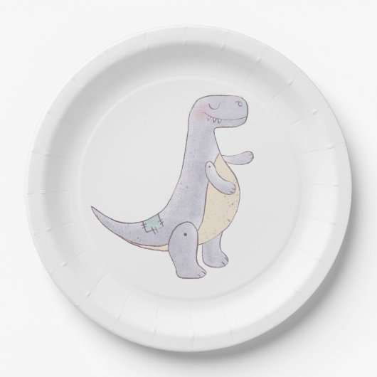 Cute Gray Dinosaur Speelgoed Waterverf Papieren Bordje (Voorkant)