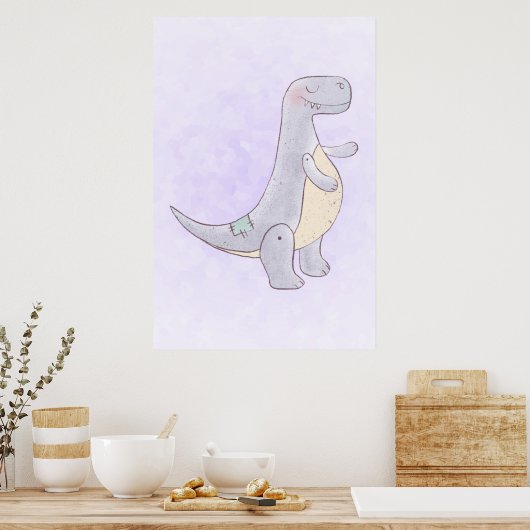 Cute Gray Dinosaur Speelgoed Waterverf Poster (Keuken)
