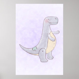 Cute Gray Dinosaur Speelgoed Waterverf Poster
