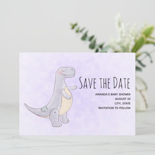 Cute Gray Dinosaur Speelgoed Waterverf Save The Date (Staand voorkant)