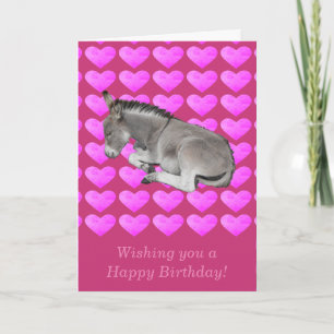 Cute gray donkey op roze hartsverjaardag kaart