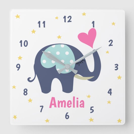 Cute Gray Elephant and Pink Heart Personalized Vierkante Klok (Voorkant)