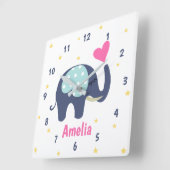 Cute Gray Elephant and Pink Heart Personalized Vierkante Klok (Hoek)