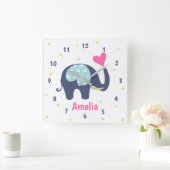 Cute Gray Elephant and Pink Heart Personalized Vierkante Klok (Huis)