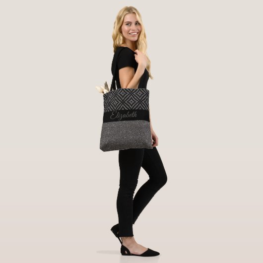 Cute Gray Glitter Black Pattern Pesonalized Tote Bag (Op model)
