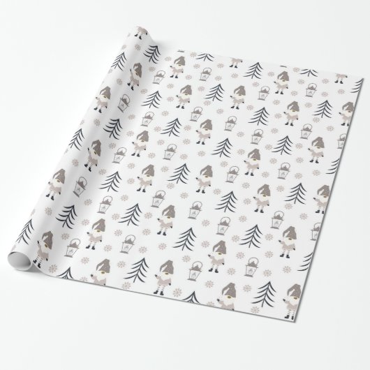 Cute Gray Kerstgnomen Cadeaupapier (Uitgerold)