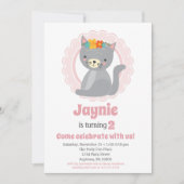 Cute Gray Kitten Pink Girls Birthday Uitnodiging (Voorkant)