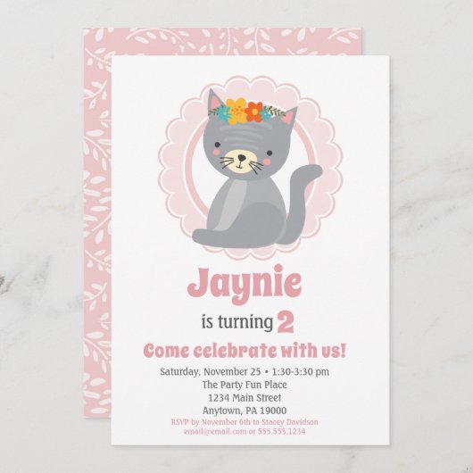 Cute Gray Kitten Pink Girls Birthday Uitnodiging (Voorkant / Achterkant)