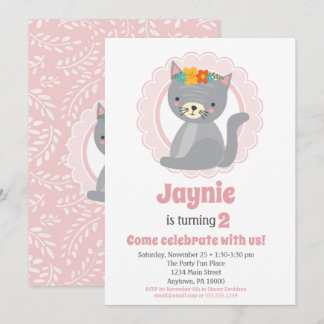 Cute Gray Kitten Pink Girls Birthday Uitnodiging