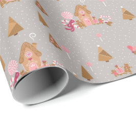 Cute Gray Pink Gingerbrood Candy Cane Wrapping Pap Cadeaupapier