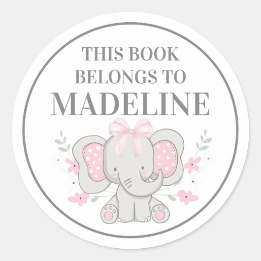 Cute Gray Pink Pot Elephant Bookplaat Ronde Sticker (Voorkant)