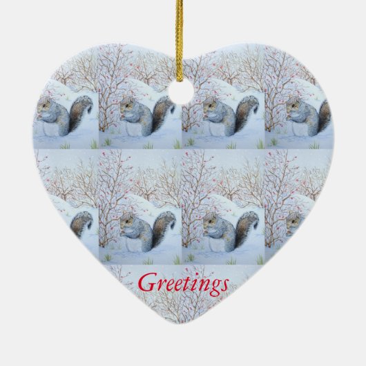 Cute gray squirrel sneeuwscène bij wilde dieren ke keramisch ornament (Achterkant)