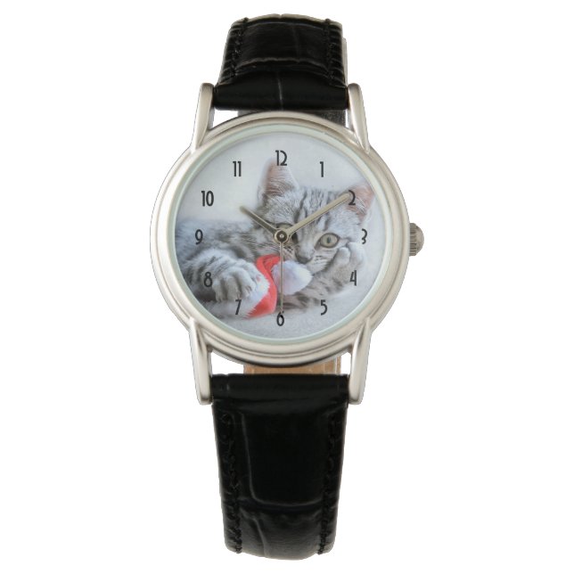 Cute Gray Tabby Cat Kerstmis Pet Xmas Horloge (Voorkant)