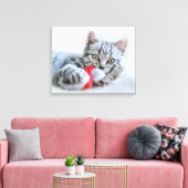 Cute Gray Tabby Cat met kerstPet Xmas Canvas Afdruk (Insitu (Woonkamer))