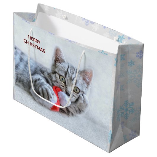Cute Gray Tabby Cat met kerstPet Xmas Groot Cadeauzakje (Voorkant Gekanteld)