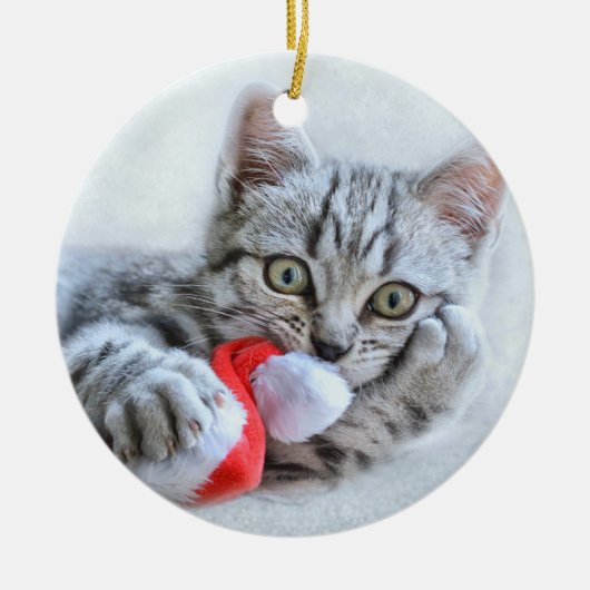 Cute Gray Tabby Cat met kerstPet Xmas Keramisch Ornament (Voorkant)