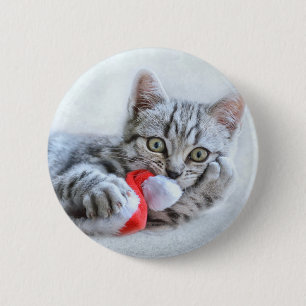 Cute Gray Tabby Cat met kerstPet Xmas Ronde Button 5,7 Cm