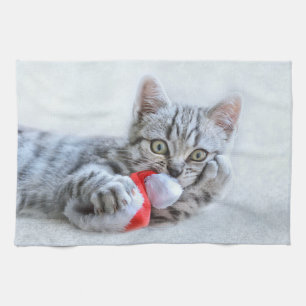 Cute Gray Tabby Cat met kerstPet Xmas Theedoek
