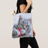 Cute Gray Tabby Cat met kerstPet Xmas Tote Bag (Dichtbij)