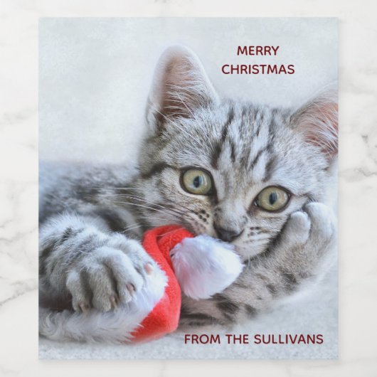 Cute Gray Tabby Cat met kerstPet Xmas Wijn Etiket (Enkel label)
