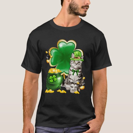 Cute Gray Tabby Cat Shamrock Irish Saint St Patric T-shirt (Voorkant)