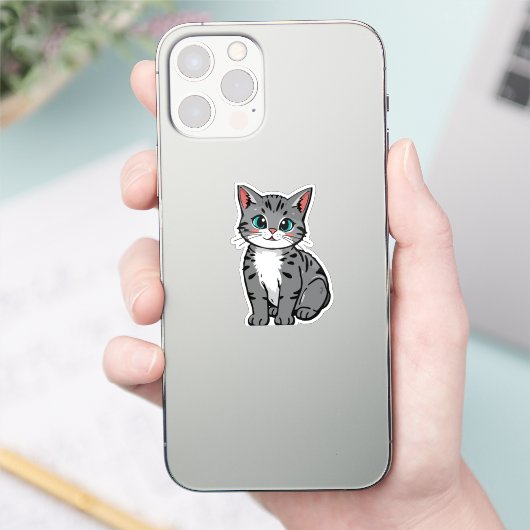 Cute Gray Tabby Cat Sticker – Adorable Cartoon Kit (Telefoon)