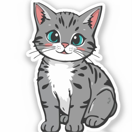 Cute Gray Tabby Cat Sticker – Adorable Cartoon Kit (Voorkant)