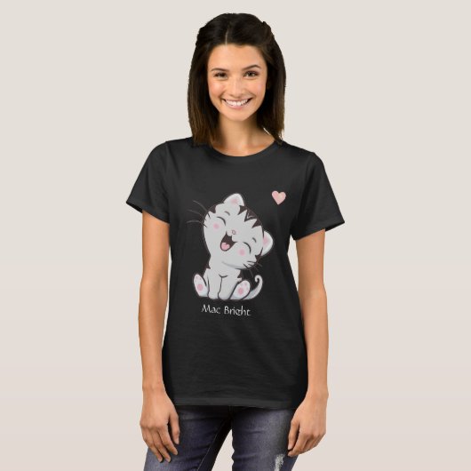 Cute Gray Tabby Kitty Cat & Heart T-Shirt (Voorkant volledig)