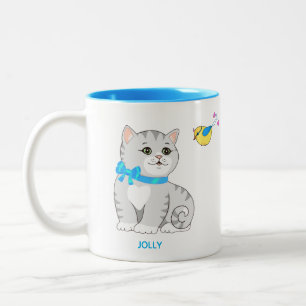 Cute Gray Tabby Kitty Cat & Little Bird Tweekleurige Koffiemok