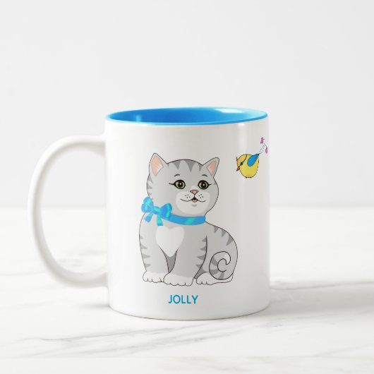Cute Gray Tabby Kitty Cat & Little Bird Tweekleurige Koffiemok (Links)