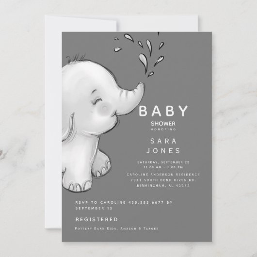 Cute Gray Waterverf Elephant Baby shower Kaart (Voorkant)