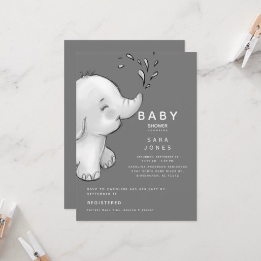 Cute Gray Waterverf Elephant Baby shower Kaart (Voorkant / Achterkant in situ)
