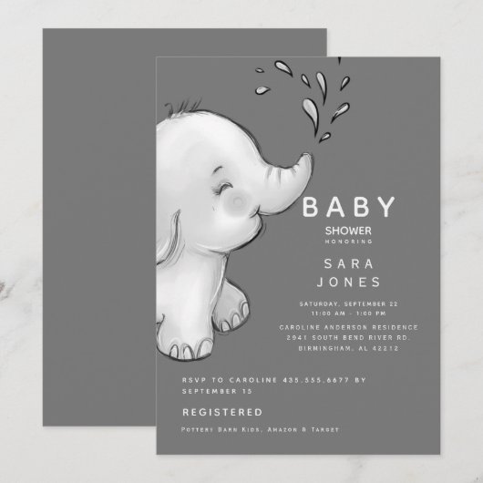 Cute Gray Waterverf Elephant Baby shower Kaart (Voorkant / Achterkant)