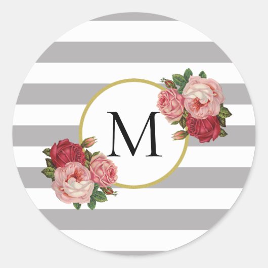 Cute Gray White Striped Retro Flowers Monogram Ronde Sticker (Voorkant)