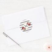 Cute Gray White Striped Retro Flowers Monogram Ronde Sticker (Envelop)