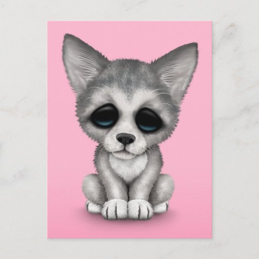Cute Gray Wolf Cub Puppy op Roze Briefkaart (Voorkant)