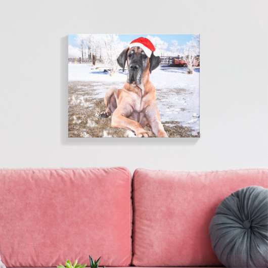 Cute Great Dane Dog Sitting in Snow-Kerstmis-Pet Canvas Afdruk (Insitu (Woonkamer))