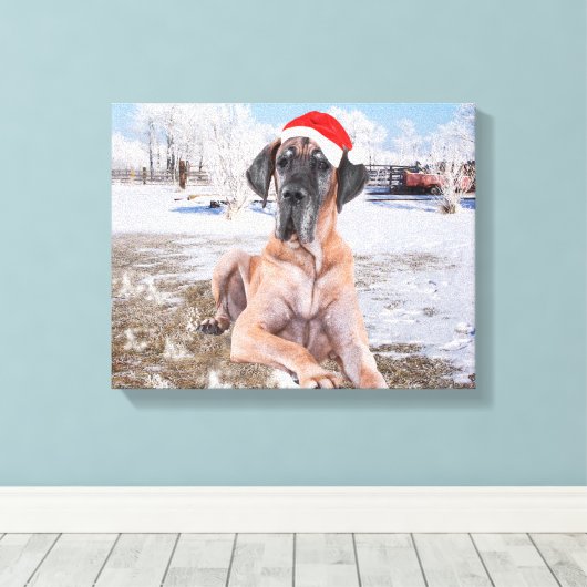 Cute Great Dane Dog Sitting in Snow-Kerstmis-Pet Canvas Afdruk (Insitu (Houten vloer))