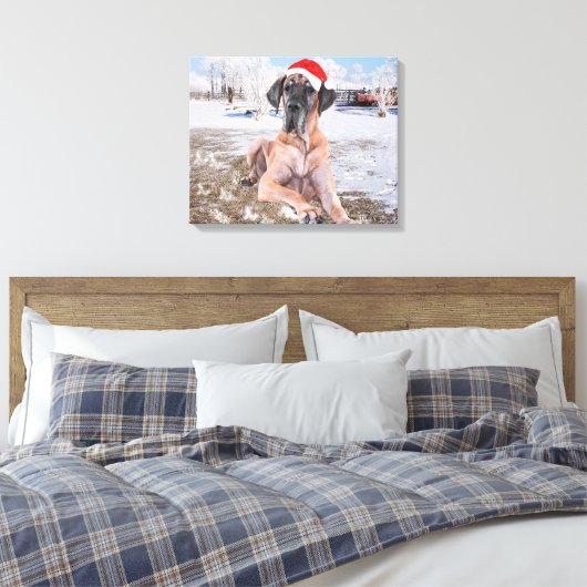 Cute Great Dane Dog Sitting in Snow-Kerstmis-Pet Canvas Afdruk (Insitu (Slaapkamer))