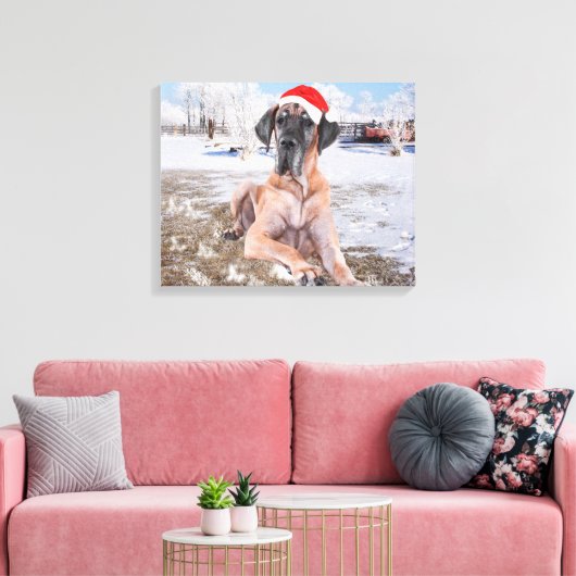 Cute Great Dane Dog Sitting in Snow-Kerstmis-Pet Canvas Afdruk (Insitu (Woonkamer))