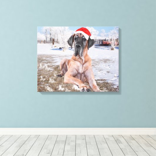Cute Great Dane Dog Sitting in Snow-Kerstmis-Pet Canvas Afdruk (Insitu (Houten vloer))