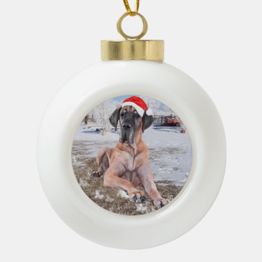 Cute Great Dane Dog Sitting in Snow-Kerstmis-Pet Keramische Bal Ornament (Voorkant)