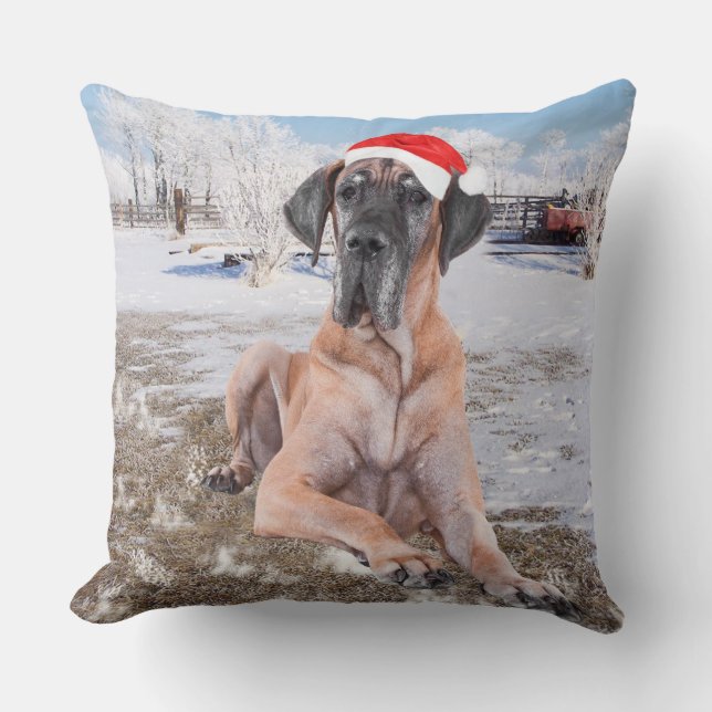 Cute Great Dane Dog Sitting in Snow-Kerstmis-Pet Kussen (Voorkant)