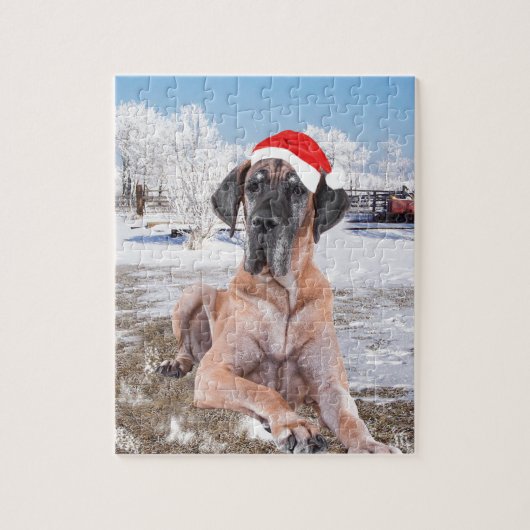 Cute Great Dane Dog Sitting in Snow-Kerstmis-Pet Legpuzzel (Verticaal)