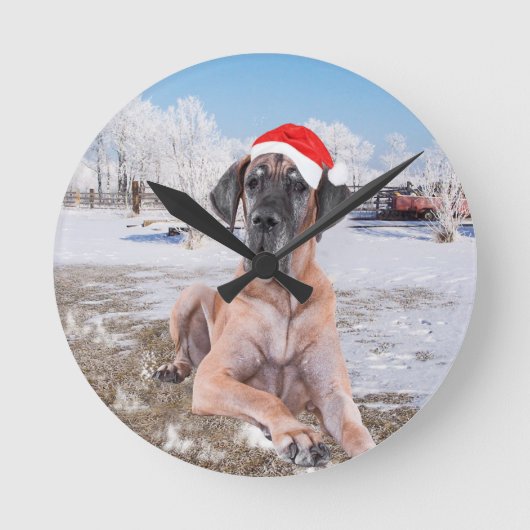 Cute Great Dane Dog Sitting in Snow-Kerstmis-Pet Ronde Klok (Voorkant)