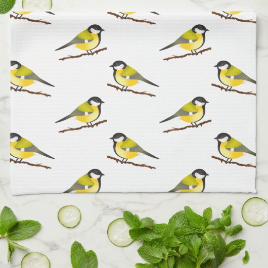 Cute Great Tit Bird Pattern Illustrator Theedoek (Gevouwen)