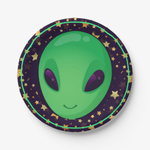 Cute Green Alien op Gold Stars Fun Papieren Bordje